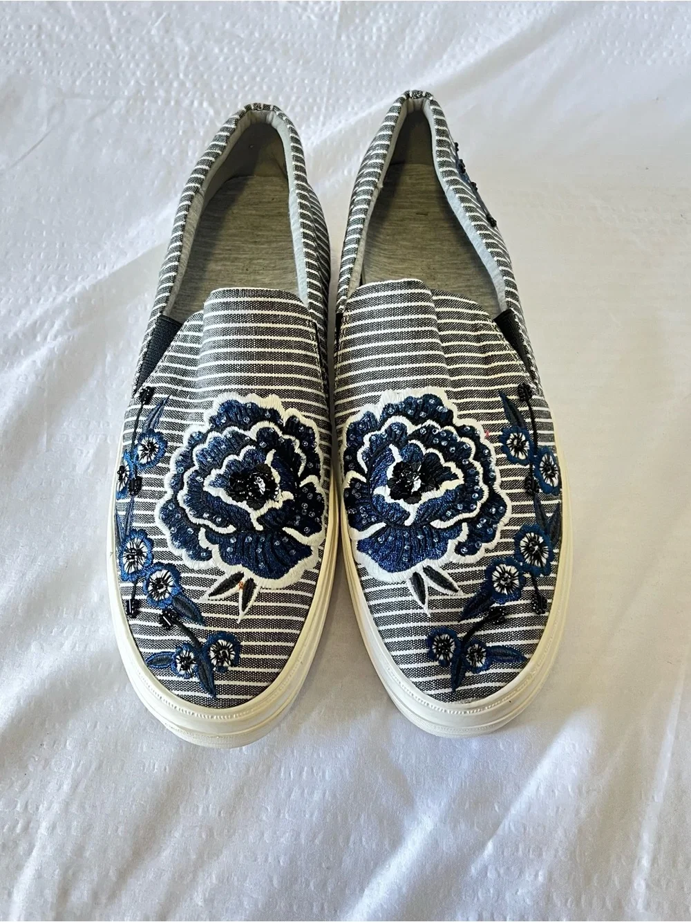 Nine West Striped Slip-On Sneakers with Blue Floral Embroidery